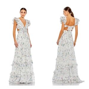 Mac Duggal White Floral Maxi Dress with Pastel Accents